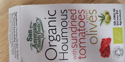 Organic houmous with sundried tomatoes and green olives — pack