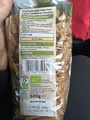 Tesco Organic Whole Wheat Fusilli 500G — pack